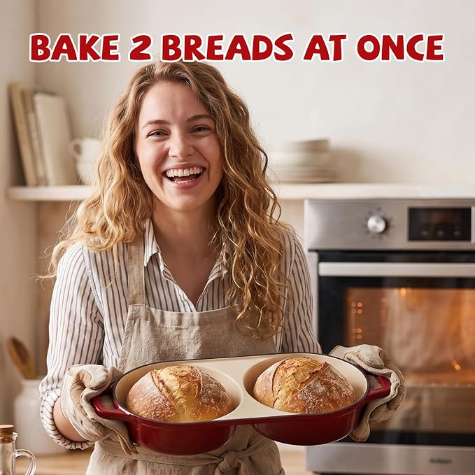 Double Dutch Oven Pot with Lid, 2.2QT Enameled Cast Iron Bread Loaf Pan, Mini Dutch Oven For Sourdough Bread Baking, 500°F Oven Safe Non Stick Dual Round Bread Pan, Bread Oven, 16.5cm Diameter, Red