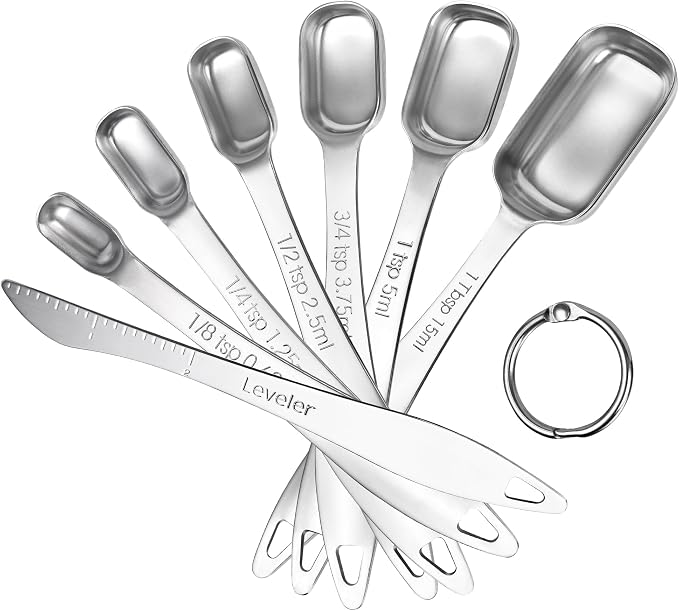 U-Taste Narrow Square Measuring Spoons, Metal Measure Set of 7 with Leveler | Long Handle Rectangular Teaspoon Tablespoon, 18/8 Stainless Steel Polygons Measure Spoon Set, Narrow Scoop for Spice Jars