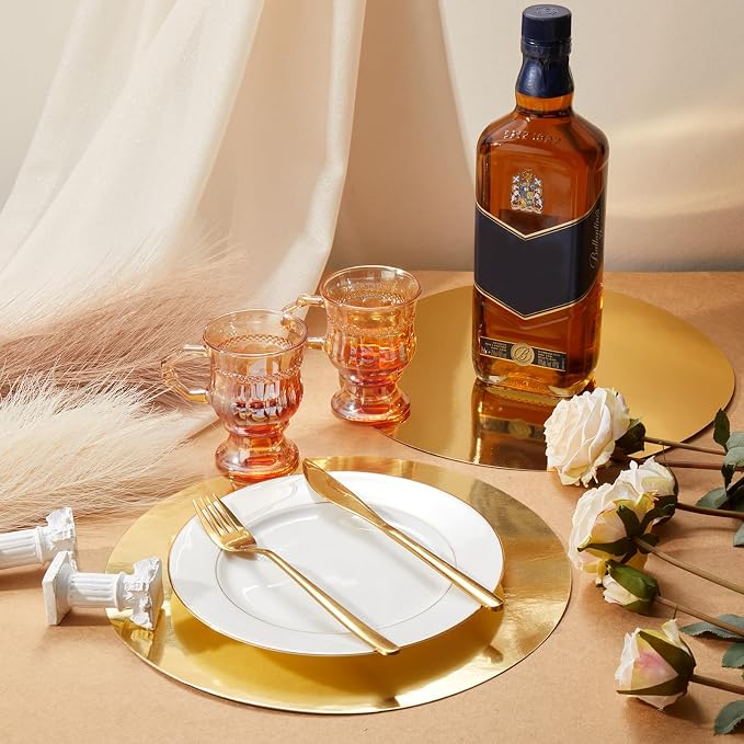 Tioncy 100 Pcs Gold Round Paper Placemats Disposable Table Mats | Elegant Table Mats for Wedding Birthday Banquet, Decorative Paper Design, Festive Dining Decoration, Easy Cleanup Tabletop