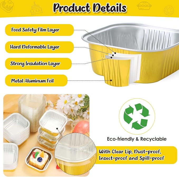 selizo 60 Pack 5oz Mini Disposable Cake Pans with Lids, Aluminum Foil Square Baking Cups, 3.5x3.5 Small Baking Cake Tins Cup Cake Containers with Lids for Individual Cakes
