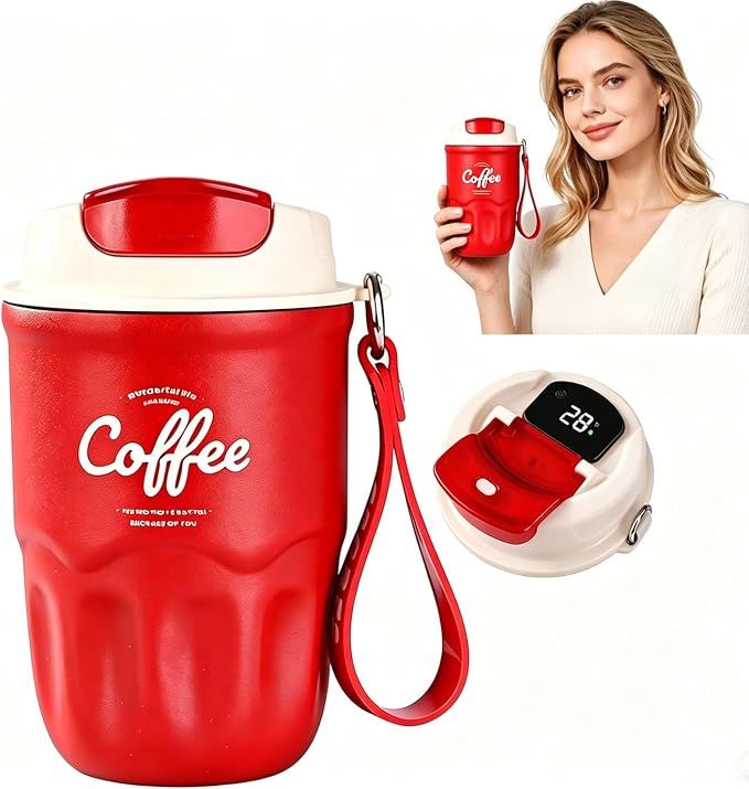 Coffee Vacuum Flask, Portable Coffee Cup with Lid & Handle, Lightweight Insulated Coffee Vacuum Flask, Travel Coffee Mug for Hot And Cold Drinks (Red, Temperature Display)