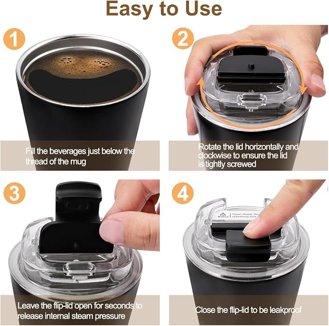PHILORN Travel Mug Spill Proof - 12 OZ Insulated Coffee Cup With Lid | Black Stainless Steel Coffee Mug with Double Wall, For Hot and Cold Drinks