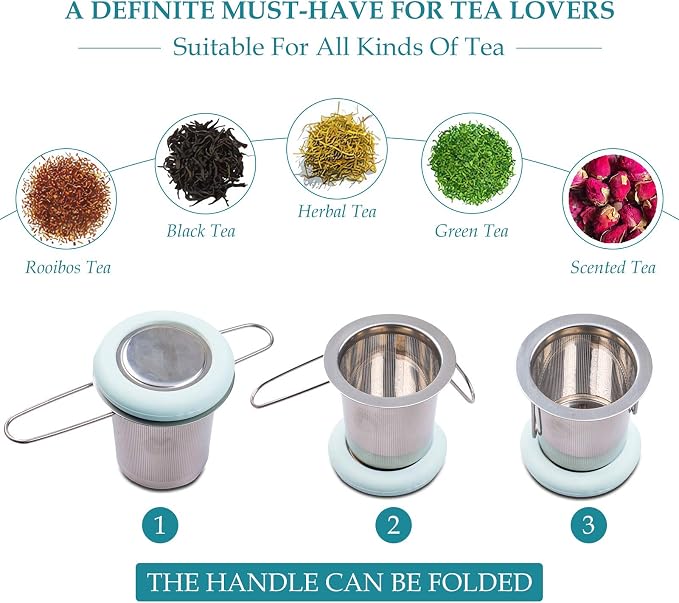 Tea Infuser Stainless Steel Tea Strainer Folding Handle Tea Filter Extra Fine Mesh Strainer Brewing Basket with Lid for Loose Leaf Tea (Light Blue) …