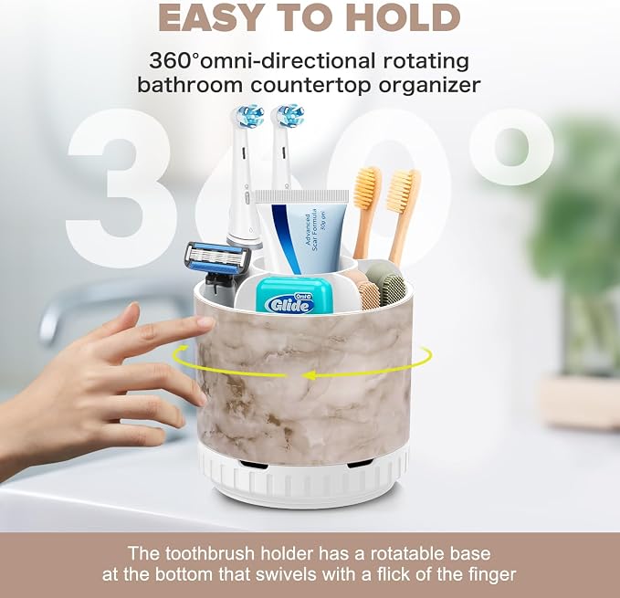 GFWARE Rotating Marble Toothbrush Holder for Bathroom Organizer, Drainage | Detachable 6 Slots Kids Electric Toothbrush and Toothpaste Holder, Bathroom Countertop Sink Storage Caddy, Marble-Look