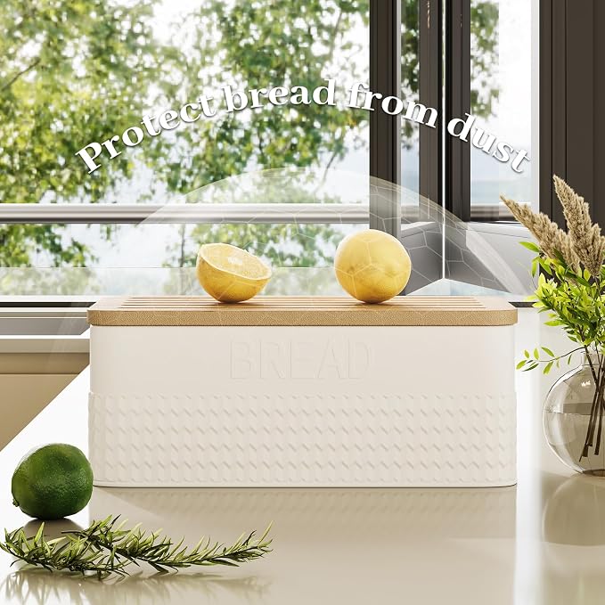 Bread Box for Kitchen Countertop - Metal Bread Storage with Bamboo Cutting Board Lid & Bread Knife, Corner Bread Container for Homemade Bread and Toast, White
