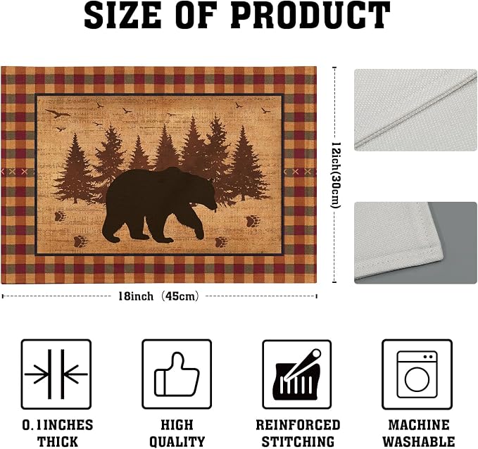 Rustic Bear Forest Pine Tree Placemats Set of 4, Wildlife Paw Print Buffalo Plaid Table Place Mats 18 x12 Inch Heat Resisting Non-Slip Table Mats for Party Holiday Kitchen Farm Indoor Decor