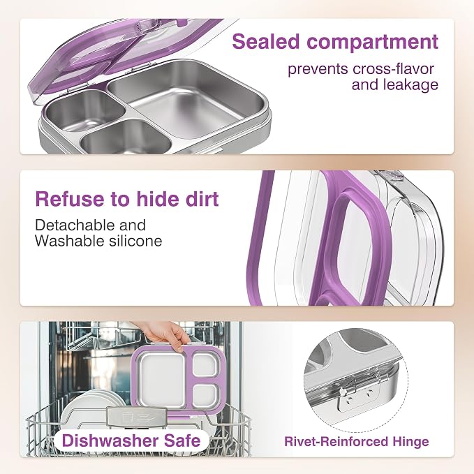 HOMEKOL Stainless Steel Bento Lunch Box, Purple, 3.3Cups | 3-Compartment,Leak-Proof, for Kids & Adults, BPA-Free, Dishwasher Safe, Clear Tritan Lid, 800ml (Not Insulated)