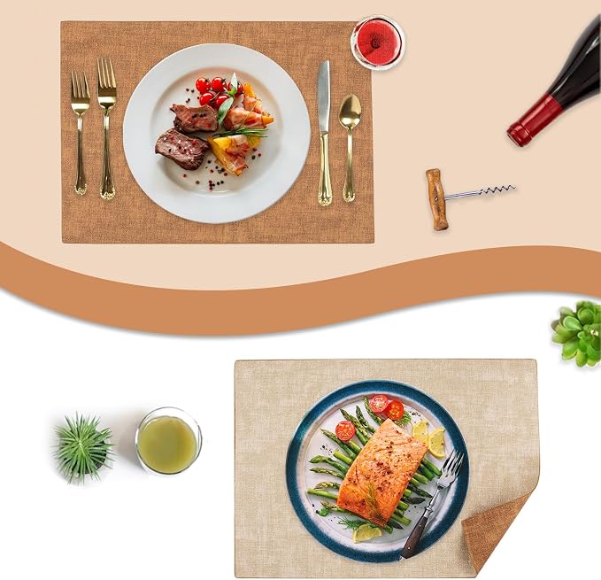 Leather Placemats Table Mats Set of 6, Camel and Beige | Reversible Non-Slip Table Placemats, Heat-Resistant and Waterproof for Dining Kitchen and Holiday Parties