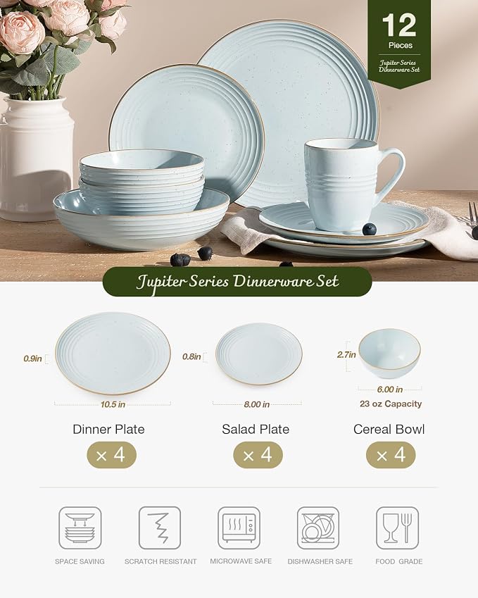 Famiware Jupiter Plates and Bowls Sets with Rim, Stoneware Dinnerware for 4 | 12-Piece Ceramic Neutral Dishes, Speckled & Embossed Swirl, Chip & Scratch Resistant, Microwave & Dishwasher Safe, Light Blue