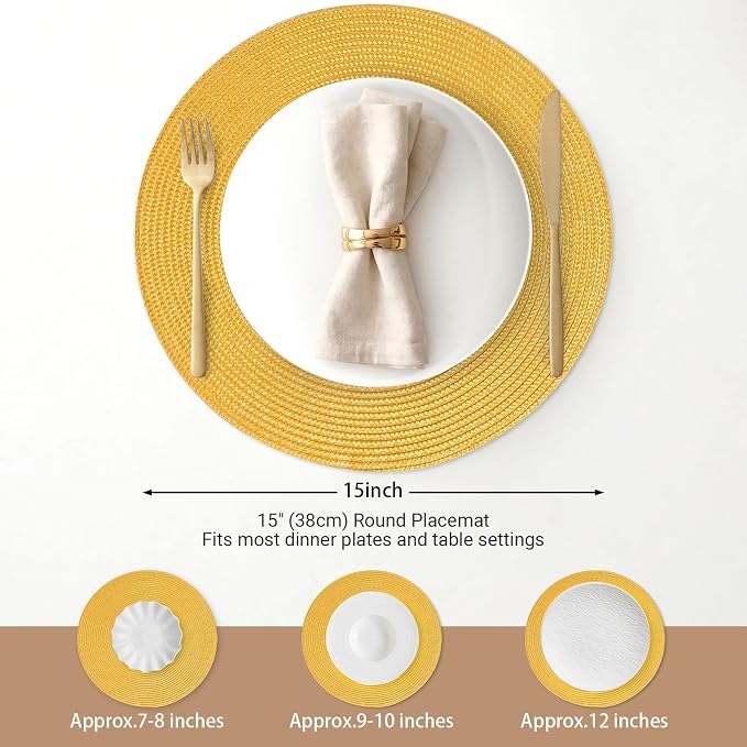 FunWheat Round Braided Placemats Set of 4 Table Mats for Dining Tables Woven Washable Non-Slip Place mats 15inch (Yellow, 4pcs)