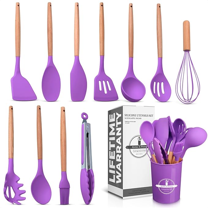 12 Pcs Purple Kitchen Accessories Set with Holder, Silicone Heads | Purple Kitchen Utensils Set for Cooking and Baking; Wooden Handles; Heat-Resistant up to 446°F; Non-Scratch for Nonstick Pans
