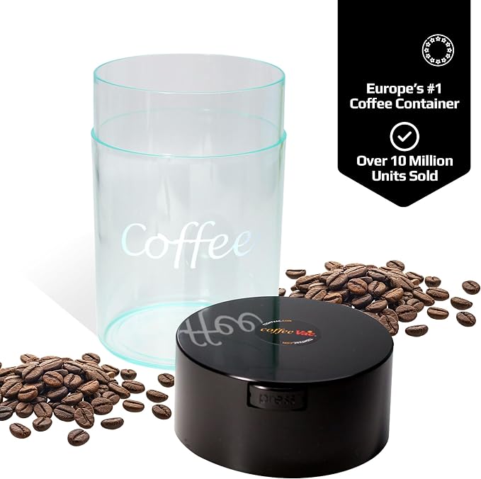 Coffeevac 1LB – Patented Airtight Container | Multi-use Vacuum Container Works as Smell Proof Containers for Ground Coffee and Coffee Bean Containers. Black Cap and Clear Body with Logo