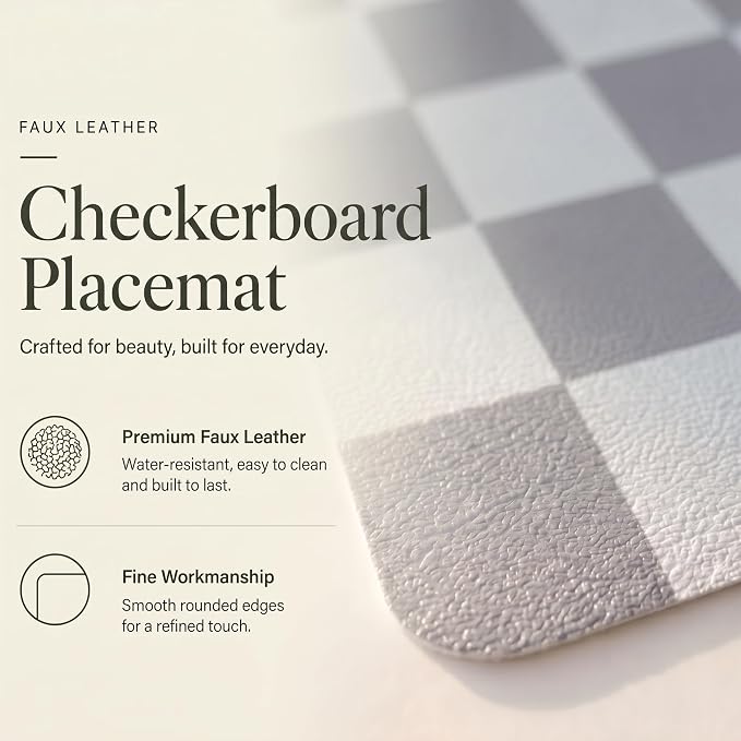 Set of 6 Checkerboard Non-Slip Washable Placemats for Dining Table | Waterproof & Heat-Resistant Faux Leather Mats | Easy Wipe Clean Tablemats for Indoor Dining, 17’’×12’’, Grey