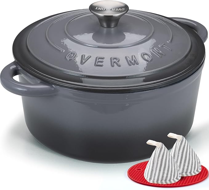 Overmont Enameled Cast Iron Dutch Oven - 4.5QT Pot with Lid Cookbook & Cotton Potholders - Heavy-Duty Cookware for Braising, Stews, Roasting, Sourdough Baking grey