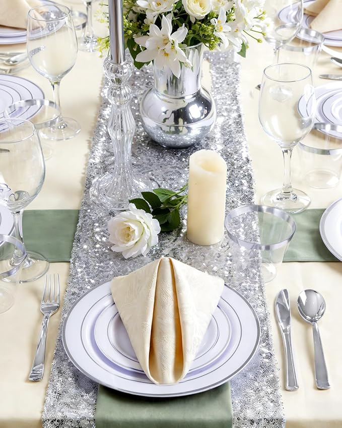 GATHER 700PCS Silver Plastic Plates 100 Guest for Wedding and Party | White and Silver Disposable Dinnerware Sets include 200 Plates, 300 Silverware, 100 Napkins, 100 Cups for Anniversary