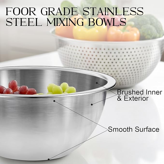 DUTZUN Stainless Steel Mixing Bowls with Colander | 5 Mixing Bowl with 1 Strainer for Kitchen, Salad, Prep, Serving, Food Storage & Cooking