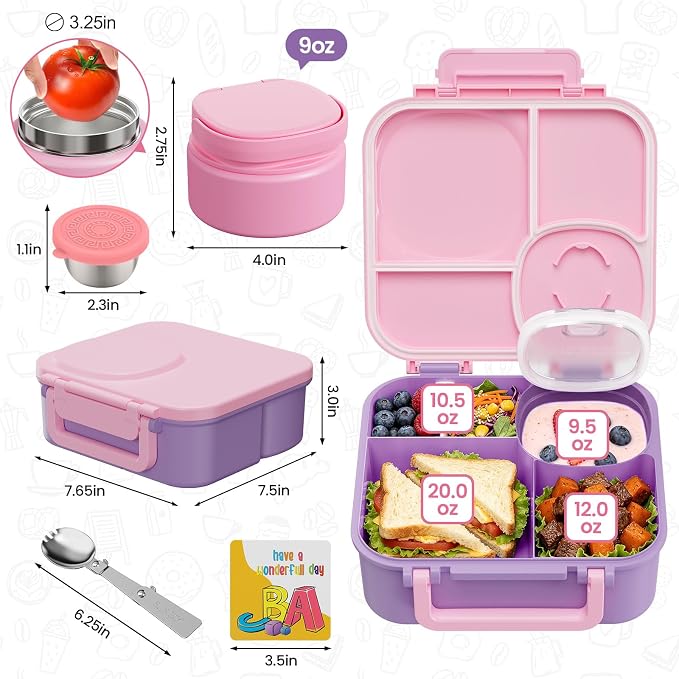 wiwens Kids Bento Lunch Box with Soup Thermo Food Lunch Container for Kid | 4 Compartment Leak-Proof Kids Lunch Box,9oz Stainless Steel Insulated Hot Food Jar,for Boys Girls Toddler to School Travel