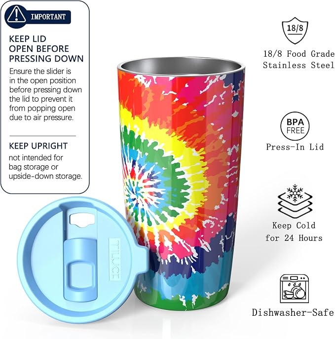 TILUCK 20 oz Insulated Coffee Tumbler with BPA-Free Lid | Travel Coffee Mug, Dishwasher Safe, Cup Holder Friendly, Double-Wall Vacuum Insulation for Hot & Cold Drinks, RotatingRainbow