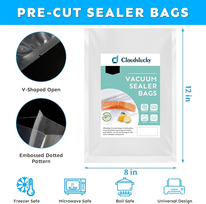 Vacuum Sealer Bags for Food Quart 8"x12" 100 Pcs Seal a Meal Bag, Food Saver Bags Sous Vide Bags Pre-cut Thick BPA-Free Textured Heavy Duty Vacuum Seal, Meat Cheese Dry Goods
