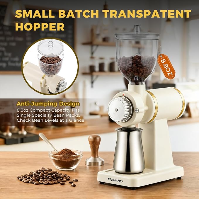 Electric Burr Coffee Grinder, 8 Grind Settings Cream Style White | 64mm Stainless Steel Flat Burr, Low Static & Quiet, for Espresso Pour Over French Press, 3-in-1 Receiving Cup, Easy Clean