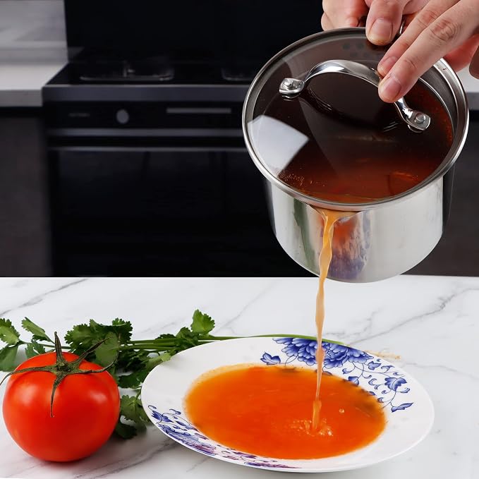 Stainless Steel Saucepan with Glass Lid, Multipurpose 1.5 Quart Sauce pan Sauce Pot with Straining Cover & Pour Spouts for Boiling Milk, Sauce, Gravies, Pasta, Noodles