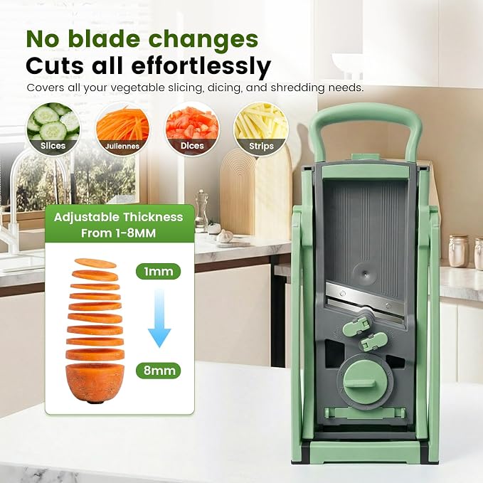 4-in-1 Mandoline Slicer Vegetable Chopper with Adjustable Blades | vegetable slicer with adjustable thickness, julienne, dicer and fry cutter functions, with foldable design and container