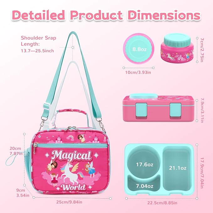Bento Box for Kids, Leakproof Kids Lunch Box with 8.5OZ Thermo Food Jar & Lunch Bag, 3-4 Compartments Toddler Insulated Lunch Box for Girls, BPA Free Lunch Containers for School Daycare