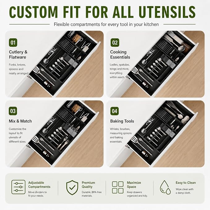 Bamboo Expandable Kitchen Drawer Organizer, 17.7-29.5 in,Black | 5-8 detachable slots, equipped with dedicated tool slots for butter knives, storing tableware and saving space