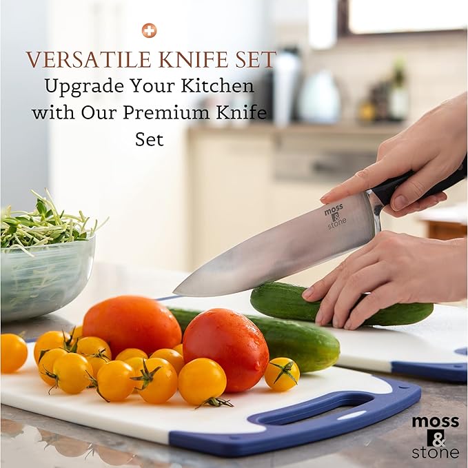 Moss & Stone 7 Pcs Small Kitchen Knife Set with Block, Stainless Steel | Premium forged kitchen knives with high-carbon sharp blades, ergonomic handle, rust-resistant knife block set for home & chef