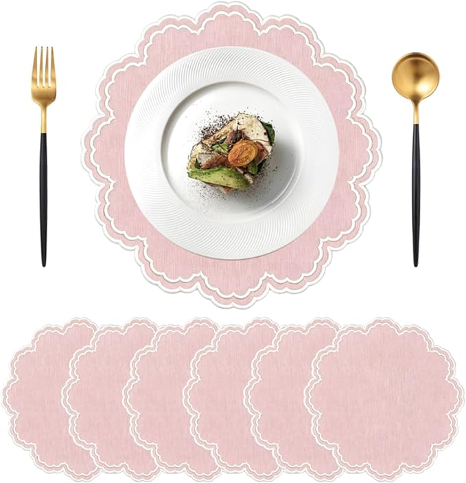 Whaline Pink White Cotton Linen Placemats Embroidered Round Scalloped Kitchen Table Place Mats for Wedding Baby Shower Party Home Dining Table Decor, Set of 6, 15 x 15 in