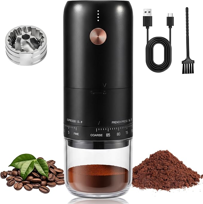 Portable Ultra High Speed Electric Burr Coffee Bean Grinder | SUS420 conical burr, 90 grind settings, 0.6mm precision, 50% faster grinding, Type-C fast charge, 1800mAh long battery life