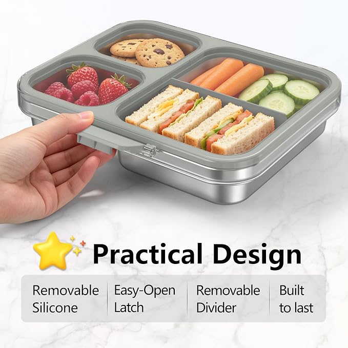 HOMEKOL Stainless Steel Bento Lunch Box 3-Compartment, 4.2Cups, Grey | Leak-Proof Metal Lunch Container for Kids & Adults, BPA-Free, Dishwasher Safe, Clear Tritan Lid, 1000ml (Not Insulated)