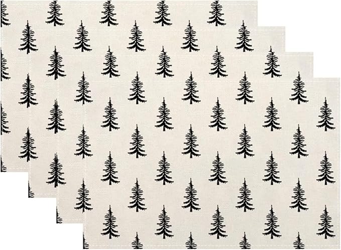 Christmas Set of 4 placemats, Black Christmas Trees Decorative Table Mat 12 x 18 Inch Heat Resistant Non Slip Line Fabric Xmas Holiday Place mat for Party Kitchen Dining Decor