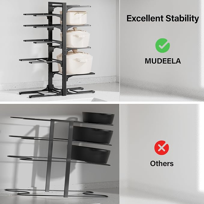 MUDEELA 10-Tier Pots and Pans Organizer under Cabinet, 23.62" H Heavy Duty | Adjustable Pot Rack for Frying Pan, Cast Iron Skillet, Tool-Free Assembly, For Kitchen Cabinets, Shelves and Countertops
