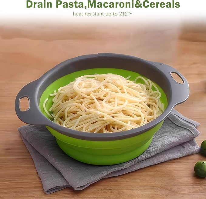 Collapsible Colander Set of 2, Space Saving Foldable Kitchen Strainer Baskets with Non-Slip Base, Thickened PP+TPE Collapsible Strainers for Pasta, Vegetables, Fruits, Rice (Green)