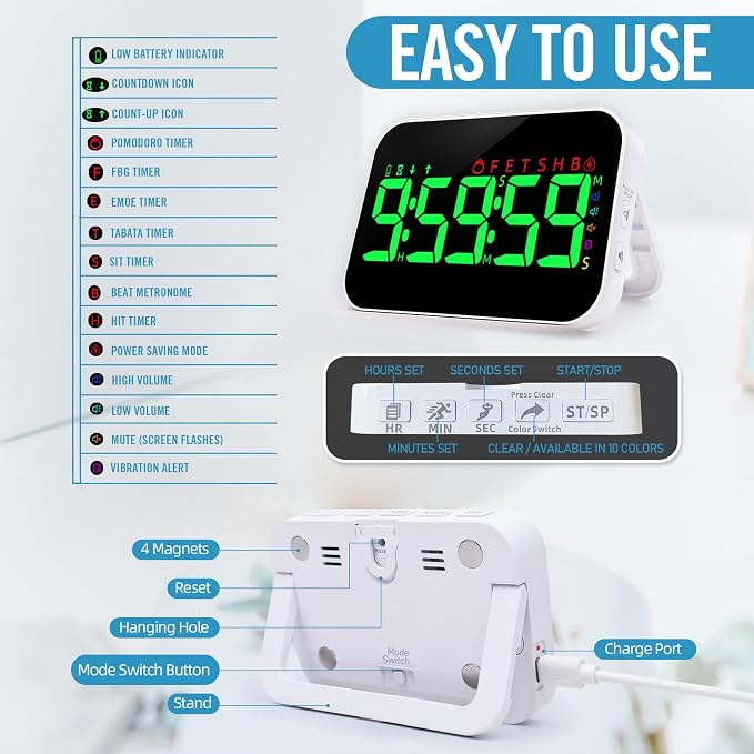 Digital Timer for Classroom, Pomodoro, Gym & Kitchen – Rechargeable Magnetic Countdown Timer, Large LED Display, Loud Alarm, 3 Volume Levels & 3 Brightness Settings