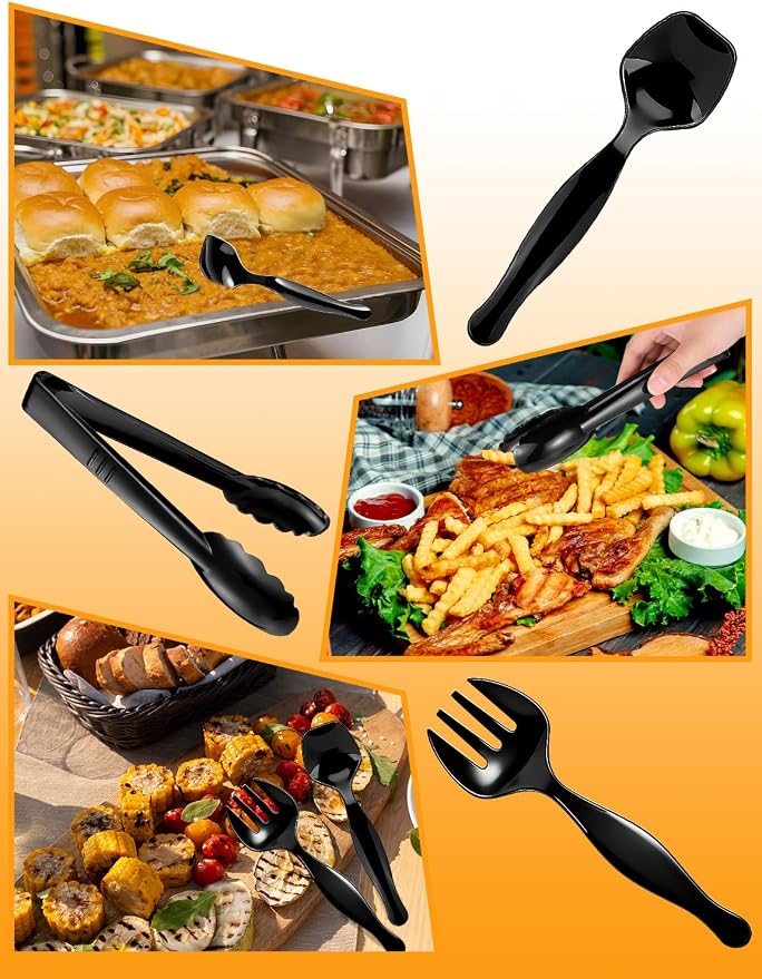 30Pcs Disposable Plastic Serving Utensils, Buffet Serving Utensils Set | 10 Black Plastic Serving Spoons, 10 Tongs, 10 Forks for Catering, Entertaining and Parties