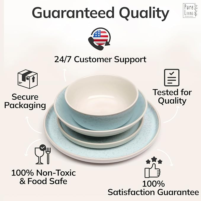 32 Piece Stoneware Dinnerware Set for 8 - Handmade Reactive Glaze Plates and Bowls Set - Chip & Scratch Resistant Dish Set - Dishwasher Microwave Safe - Light Beige & Blue