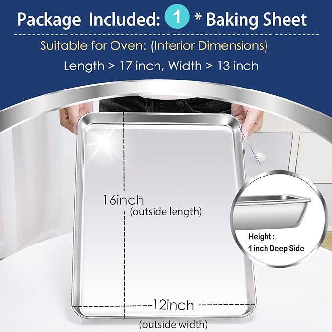 P&P CHEF Baking Sheet Pan, Stainless Steel Cookie Sheet, 16 Inch & 1 Pc | Oven Tray Sheet Pan for Baking & Serving, Baking Tray for Multi Uses, Heavy Duty & Non-toxic, Rust Free & Dishwasher Safe