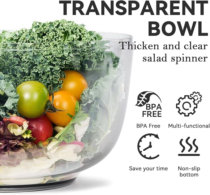 Manual Salad Spinner - Hand-Crank Vegetable & Lettuce Dryer for Washing, Spinning, and Draining Greens, Fruits, and Vegetables - Food-Grade Material, Easy-Clean Detachable Parts 4.2Qt.