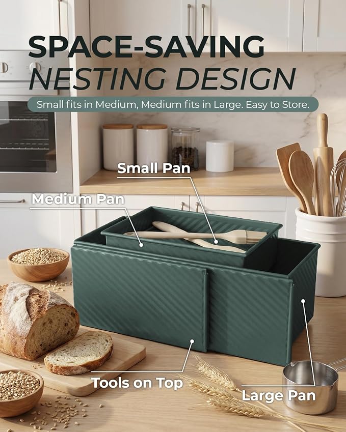 CARTMAN 3-Piece Pullman Loaf Pan with Lid, 2.2/1/0.8 LB Bread Pan, Green | Includes 2.2/1/0.8 LB sizes & silicone tools, bottom vents, nonstick carbon steel, nesting storage, for bread & brownies