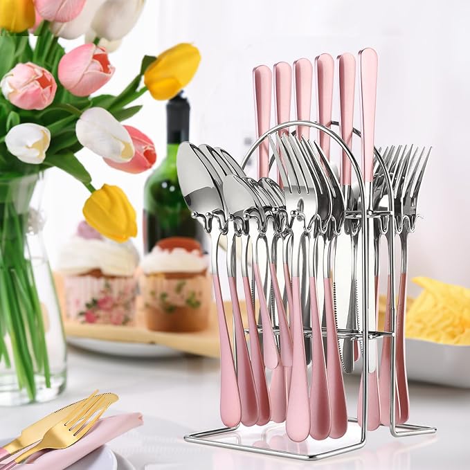 24 Pieces Flatware Set, Caliamary Stainless Steel Flatware Set with Silverware Holder Spoons Forks Knives,Utensils Set Service for 6,Gold Mirror Polished and Matte Pink Painted (Pinkish Silver)