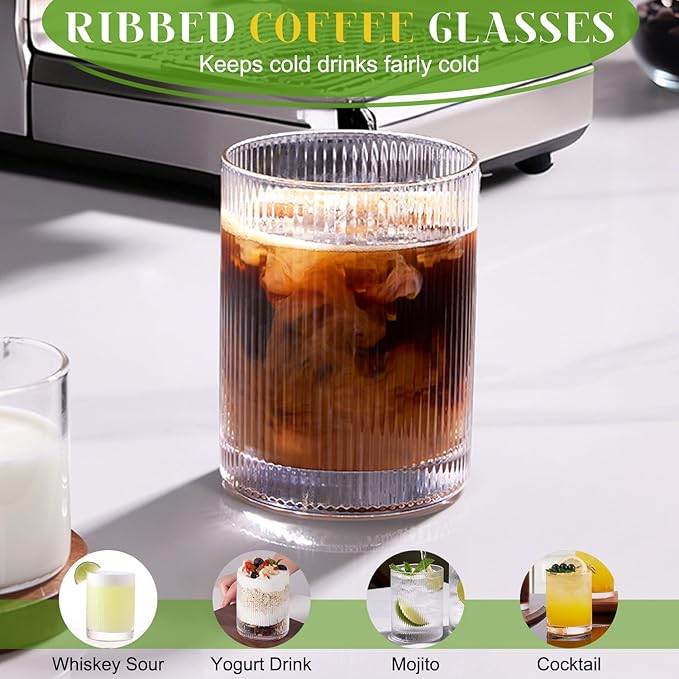Ribbed Drinking Glasses Cups Set of 8 Large Capacity Highball 17oz&12oz | Rocks Cocktail Glasses Ideal for Beer, Juice, Water, Ice Coffee Cup, Whiskey, Mixed Drinkware