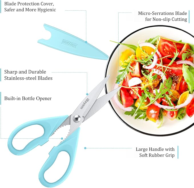 iBayam 8.7" Heavy Duty Kitchen Scissors All Purpose 2-Pack –Pistachio/Blue | Sharp stainless steel blades, cut meat, chicken & vegetables. Ergonomic comfort grip, dishwasher safe, includes blade covers