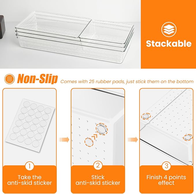 22 Pcs Drawer Organizer Bins, Acrylic Non Slip Kitchen Drawer Organizers Storage Tray Divider, Multifunctional Storage for Cosmetics, Bathroom, Tools, Kitchen and Office