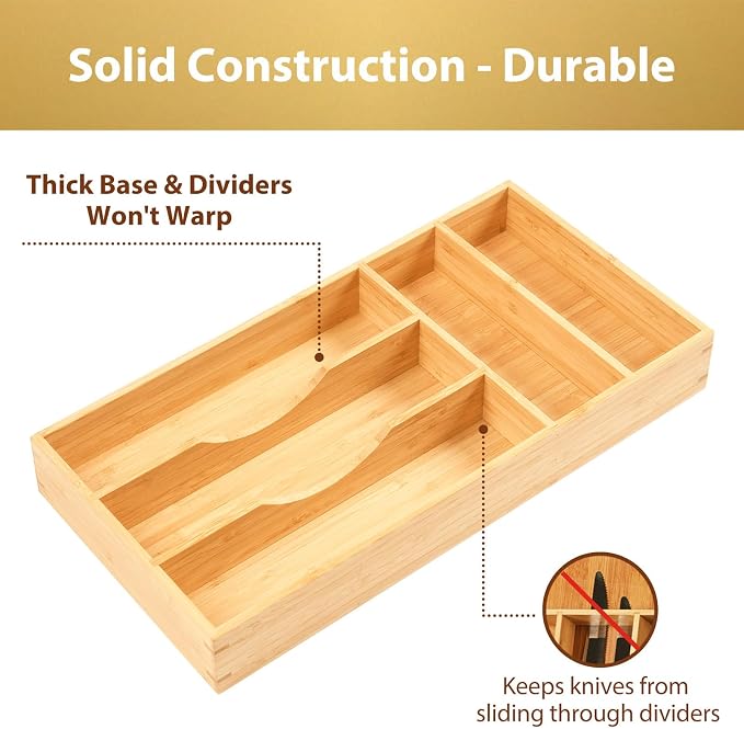 Bamboo Kitchen Drawer Organizer, 8 Inch Silverware Utensils Tray Holder for Small Drawer, Wood Caddy for Flatware Cutlery Knives