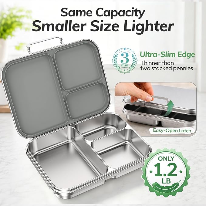 Stainless Steel Bento Lunch Box for Kids and Adults,3 Compartment Meal Lunch Box with Detachable Silicone Lid,Leak-Resistant Food Container with Snack Cup for School,BPA-Free(Grey)