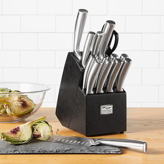 Chicago Cutlery Malden (16-PC) Kitchen Knife Block Set With Wooden Block & Built-In Sharpener, Contoured Handles and Sharp Stainless Steel Professional Chef Knife Set & Scissors