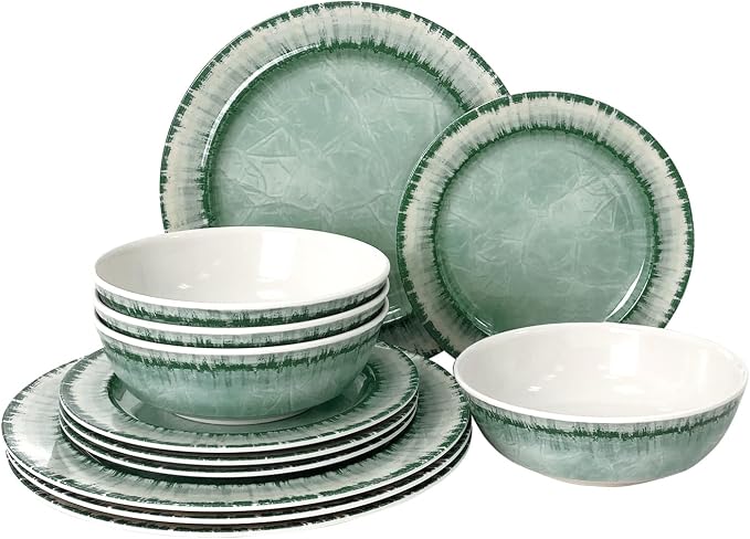 Melamine Dinnerware Set of 12 Pcs Dinner Dishes Set for Indoor and Outdoor Use, Dishwasher Safe, Lightweight Unbreakable, BPA Free, Sage Green