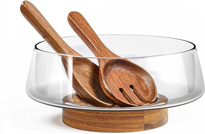 KITEISCAT Extra Large Glass Salad Bowl Set - Party Salad Bowls with Acacia Wood Base and Serving Utensils - Elegant and Practical Kitchen Must-Have